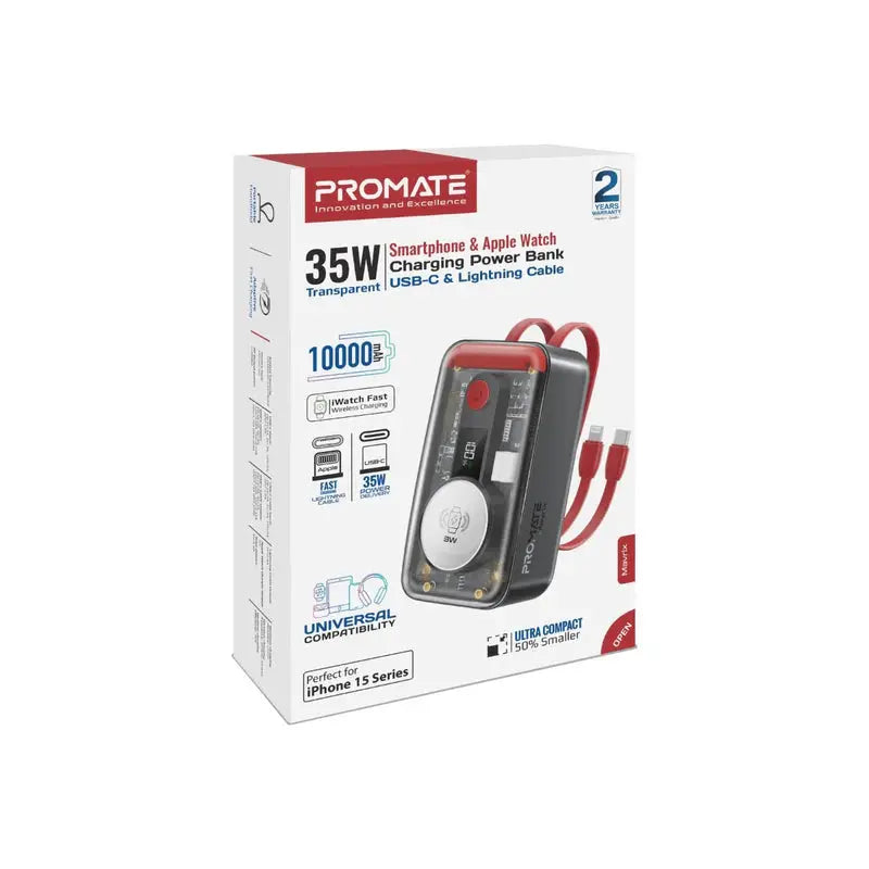 Promate Mavrix | 35W Transparent Power Bank with Built-In USB-C & Lightning Cables + Apple Watch Magnetic Charger – 10000mAh The Wonders Mart Trading™