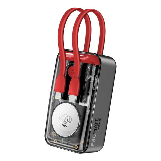 Promate Mavrix | 35W Transparent Power Bank with Built-In USB-C & Lightning Cables + Apple Watch Magnetic Charger – 10000mAh