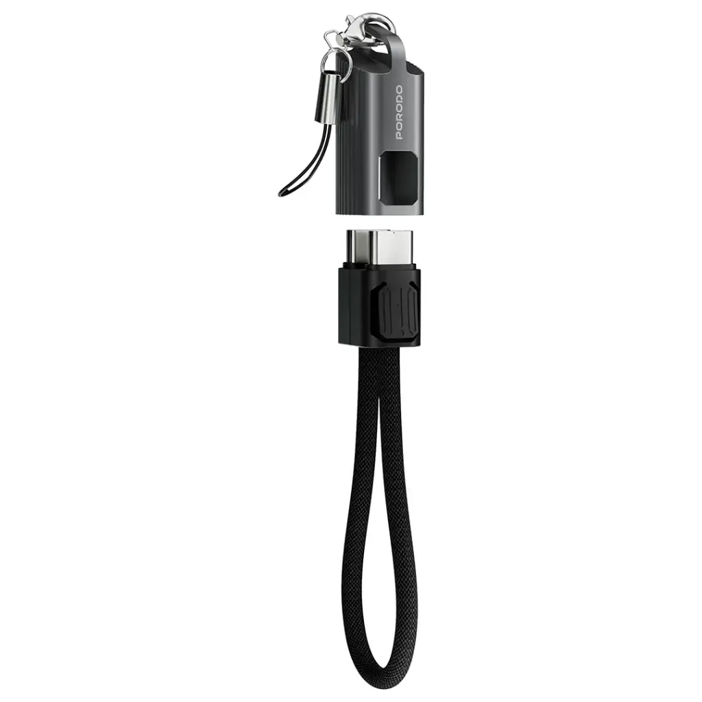 Porodo Chargeloop USB-C to USB-C Keychain Data Cable – 60W PD Fast Charging, 0.2m – Black