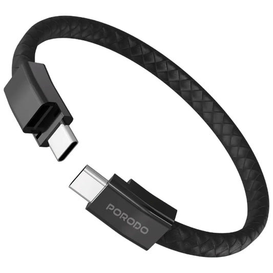 Porodo USB-C to USB-C Wristband Charging Cable – PD 60W, Magnetic Clasp – Black / Brown