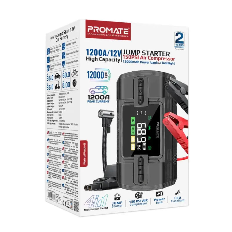 PROMATE PatrolPack-3 | 4-in-1 1200A Car Jump Starter with 150PSI Air Compressor, 12000mAh Power Bank, QC 3.0 USB Ports & LED Display The Wonders Mart Trading™