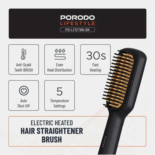 Porodo Lifestyle Electric Heated Hair Straightener Brush – 30W, Anti-Scald Teeth, 5 Heat Settings, 70% Frizz Reduction, Fast 30s Heating, Auto Shut-Off – Universal Voltage – Black