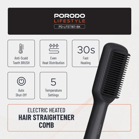 Porodo Lifestyle Electric Heated Hair Straightener Comb – Anti-Scald Ceramic Brush, 5 Temperature Settings, 30s Fast Heating, 70% Frizz Reduction – 33W, Dual Voltage, UK Plug – Black