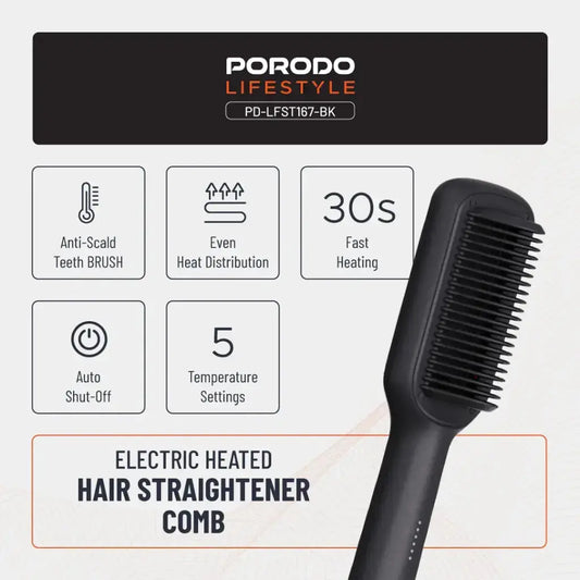 Porodo Lifestyle Electric Heated Hair Straightener Comb – Anti-Scald Ceramic Brush, 5 Temperature Settings, 30s Fast Heating, 70% Frizz Reduction – 33W, Dual Voltage, UK Plug – Black The Wonders Mart Trading™