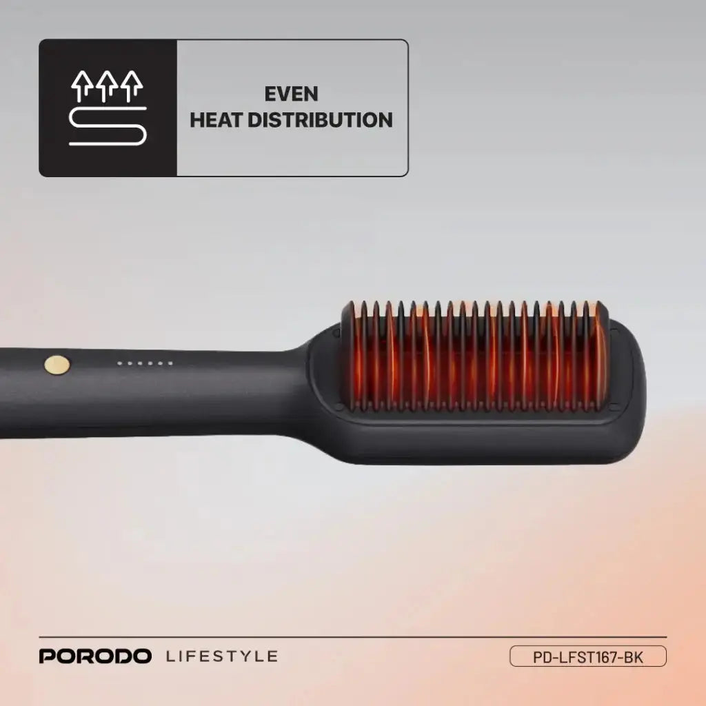 Porodo Lifestyle Electric Heated Hair Straightener Comb – Anti-Scald Ceramic Brush, 5 Temperature Settings, 30s Fast Heating, 70% Frizz Reduction – 33W, Dual Voltage, UK Plug – Black The Wonders Mart Trading™