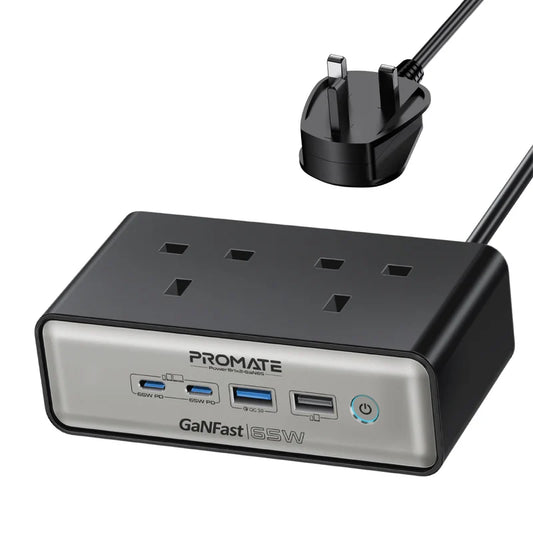 PROMATE PowerBrix2-GaN65 | 6-in-1 65W GaNFast™ Charging Station with Dual USB-C PD, 60W QC, USB-A, and Dual 3250W AC Sockets
