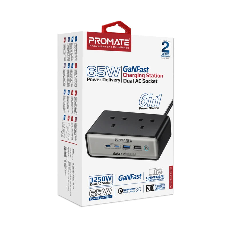 PROMATE PowerBrix2-GaN65 | 6-in-1 65W GaNFast™ Charging Station with Dual USB-C PD, 60W QC, USB-A, and Dual 3250W AC Sockets
