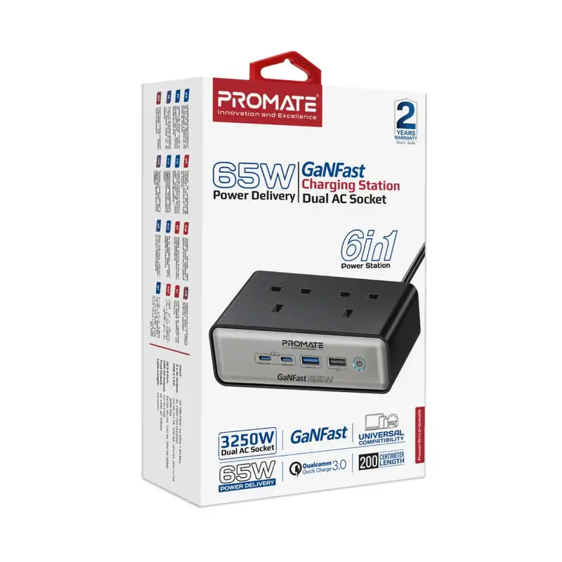 PROMATE PowerBrix2-GaN65 | 6-in-1 65W GaNFast™ Charging Station with Dual USB-C PD, 60W QC, USB-A, and Dual 3250W AC Sockets The Wonders Mart Trading™
