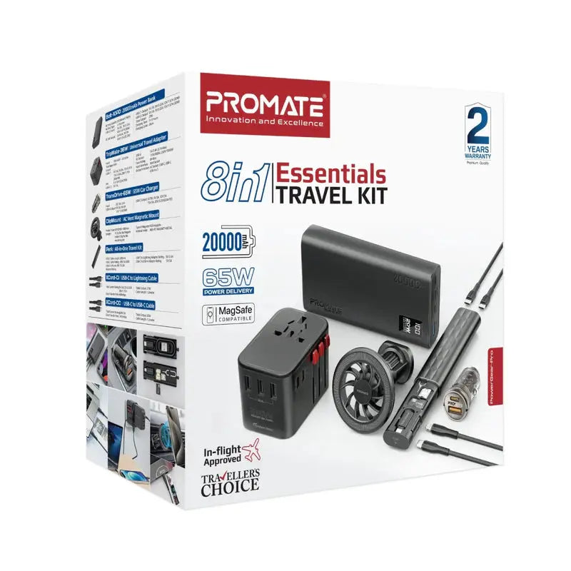 PROMATE PowerGear-Pro | 8-in-1 Travel Tech Kit with 20000mAh Power Bank, 36W Global Adapter, 65W Car Charger, Magnetic Mount, Fast Cables, SIM Tools & Case The Wonders Mart Trading™