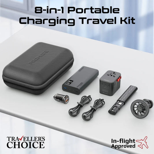 PROMATE PowerGear-Pro | 8-in-1 Travel Tech Kit with 20000mAh Power Bank, 36W Global Adapter, 65W Car Charger, Magnetic Mount, Fast Cables, SIM Tools & Case