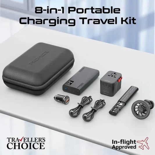 PROMATE PowerGear-Pro | 8-in-1 Travel Tech Kit with 20000mAh Power Bank, 36W Global Adapter, 65W Car Charger, Magnetic Mount, Fast Cables, SIM Tools & Case The Wonders Mart Trading™