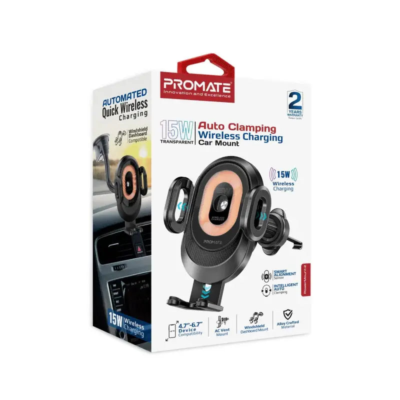 PROMATE PowerMount-2™ Transparent 15W Auto-Clamping Wireless Car Charger Mount – Smart Coil Alignment, Fast Charging, Stylish Design The Wonders Mart Trading™