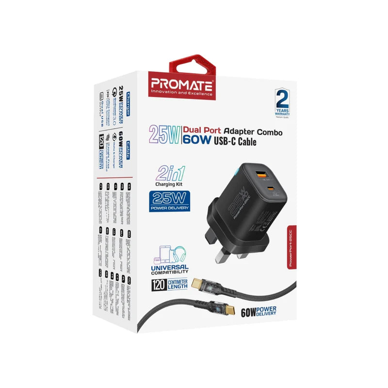 Promate PowerPort-25CC | 25W USB-C PD + 18W QC 3.0 Dual Port Wall Charger with 60W LED USB-C Cable (1.2m) – Adaptive Smart Charging & Travel-Ready Safety