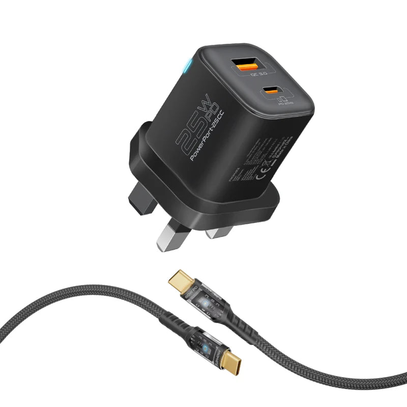 Promate PowerPort-25CC | 25W USB-C PD + 18W QC 3.0 Dual Port Wall Charger with 60W LED USB-C Cable (1.2m) – Adaptive Smart Charging & Travel-Ready Safety