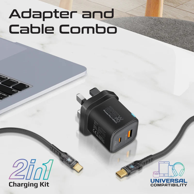 Promate PowerPort-25CC | 25W USB-C PD + 18W QC 3.0 Dual Port Wall Charger with 60W LED USB-C Cable (1.2m) – Adaptive Smart Charging & Travel-Ready Safety