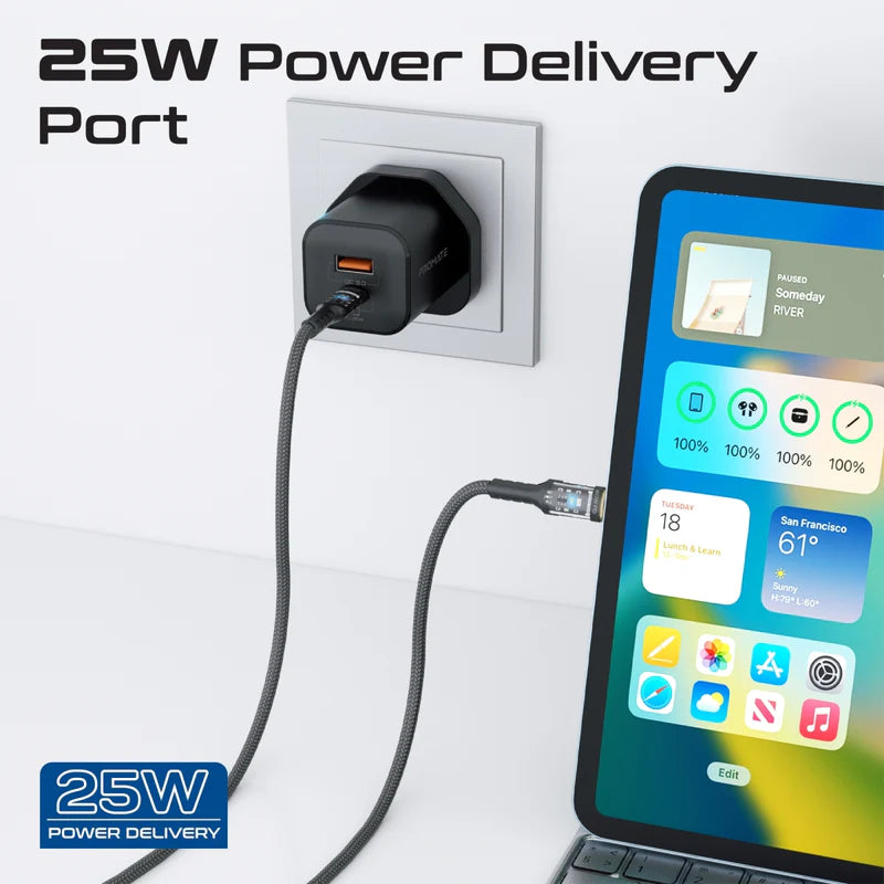 Promate PowerPort-25CC | 25W USB-C PD + 18W QC 3.0 Dual Port Wall Charger with 60W LED USB-C Cable (1.2m) – Adaptive Smart Charging & Travel-Ready Safety