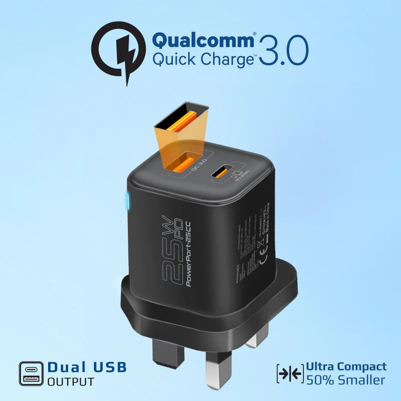 Promate PowerPort-25CC | 25W USB-C PD + 18W QC 3.0 Dual Port Wall Charger with 60W LED USB-C Cable (1.2m) – Adaptive Smart Charging & Travel-Ready Safety