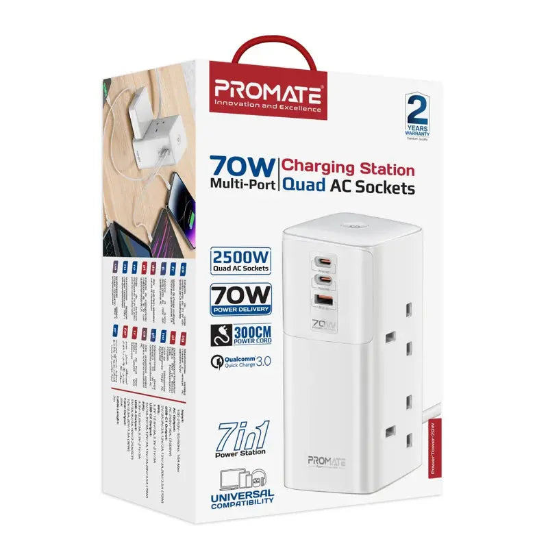 PROMATE PowerTower-70W | 7-in-1 GaN Charging Tower with 70W USB-C Power Delivery, 4 AC Sockets, 2 USB-C, 1 USB-A & 2M Extension Cord The Wonders Mart Trading™