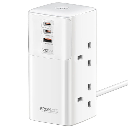 PROMATE PowerTower-70W | 7-in-1 GaN Charging Tower with 70W USB-C Power Delivery, 4 AC Sockets, 2 USB-C, 1 USB-A & 2M Extension Cord