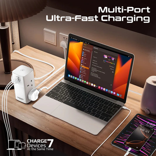 PROMATE PowerTower-70W | 7-in-1 GaN Charging Tower with 70W USB-C Power Delivery, 4 AC Sockets, 2 USB-C, 1 USB-A & 2M Extension Cord