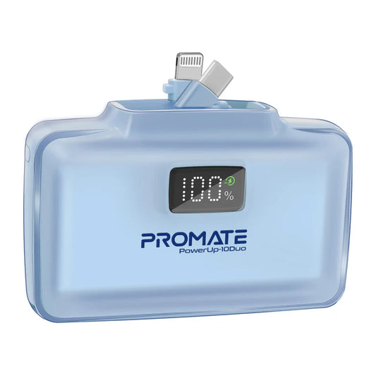 Promate PowerUp-10Duo | 10000mAh Ultra-Compact Power Bank with Built-In 20W USB-C & Lightning Foldable Connectors + LED Display + Kickstand