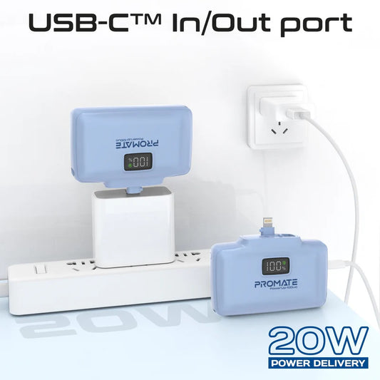 Promate PowerUp-10Duo | 10000mAh Ultra-Compact Power Bank with Built-In 20W USB-C & Lightning Foldable Connectors + LED Display + Kickstand