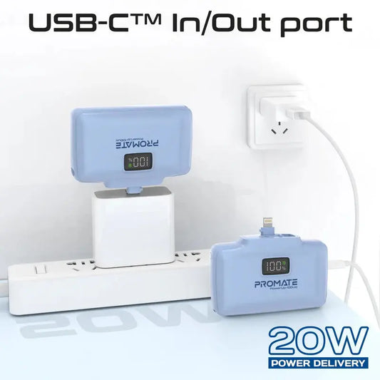 Promate PowerUp-10Duo | 10000mAh Ultra-Compact Power Bank with Built-In 20W USB-C & Lightning Foldable Connectors + LED Display + Kickstand The Wonders Mart Trading™