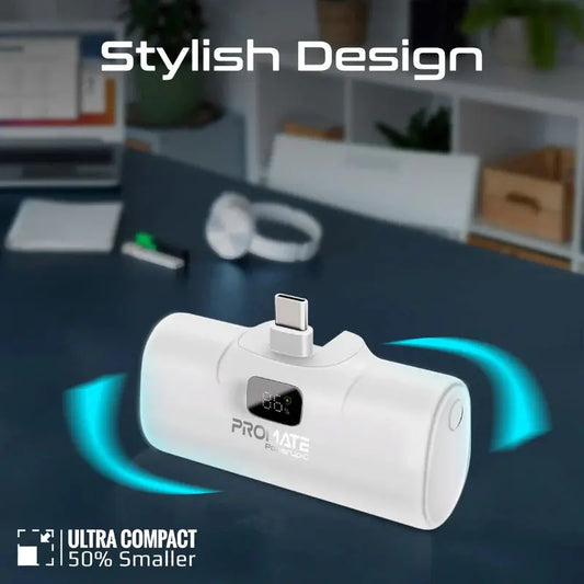 Promate PowerUp-C | 5000mAh Ultra-Compact Power Bank with Foldable USB-C Connector, 20W USB-C PD Port, LED Display & Kickstand – Capsule Design The Wonders Mart Trading™