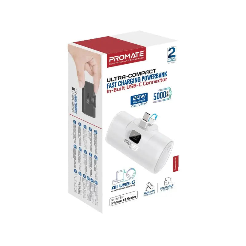 Promate PowerUp-C | 5000mAh Ultra-Compact Power Bank with Foldable USB-C Connector, 20W USB-C PD Port, LED Display & Kickstand – Capsule Design The Wonders Mart Trading™