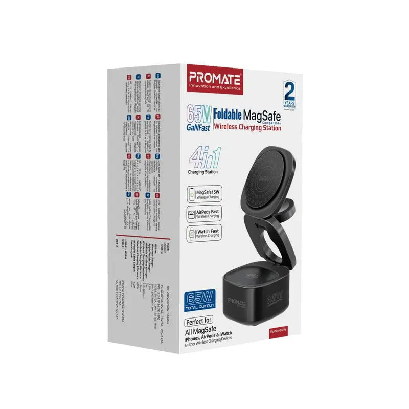 PROMATE Rubix-65W™ Foldable 5-in-1 GaNFast™ Wireless Charging Station – MagSafe Compatible, 65W Total Output, USB-C PD, QC 3.0, Apple Watch & AirPods Charging The Wonders Mart Trading™