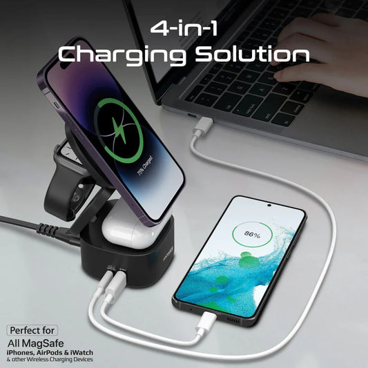 PROMATE Rubix-65W™ Foldable 5-in-1 GaNFast™ Wireless Charging Station – MagSafe Compatible, 65W Total Output, USB-C PD, QC 3.0, Apple Watch & AirPods Charging
