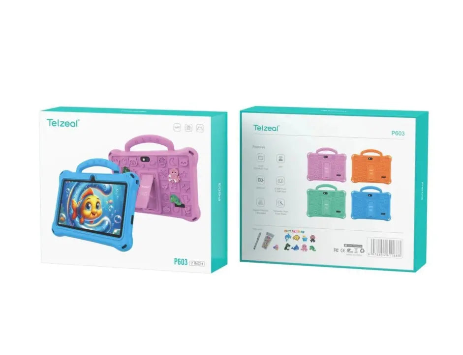 Telzeal P603 Kids Tablet – 7 Inch Display (6+128GB) 1024x600 HD Display, Wi-Fi, 3000mAh Battery, 2MP Front & Rear Cameras, Tempered Glass & Touch Panel + Free Gifts The Wonders Mart Trading™