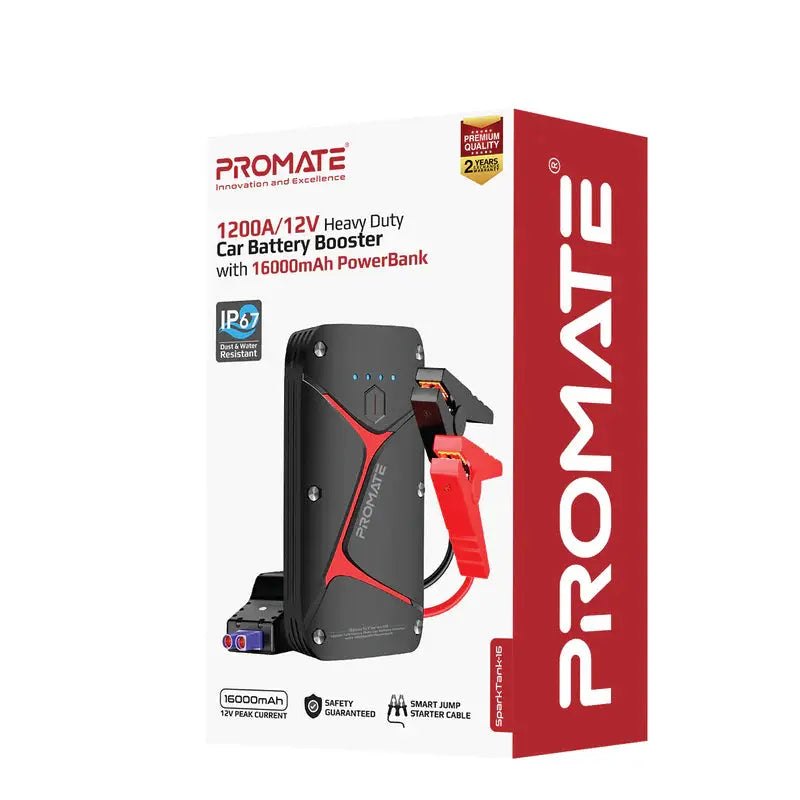 PROMATE SparkTank-16 | Heavy-Duty 16000mAh Car Jump Starter Power Bank with IP67 Water Resistance, Dual USB Output, LED Light & Smart Safety Clamps The Wonders Mart Trading™