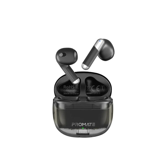 Promate TransPods | True Wireless Bluetooth v5.3 Earbuds with Transparent Case, 26-Hour Playback, IntelliTouch Controls, and USB-C Charging