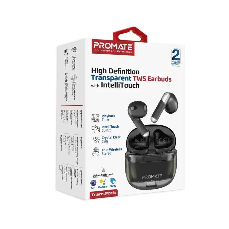 Promate TransPods | True Wireless Bluetooth v5.3 Earbuds with Transparent Case, 26-Hour Playback, IntelliTouch Controls, and USB-C Charging The Wonders Mart Trading™
