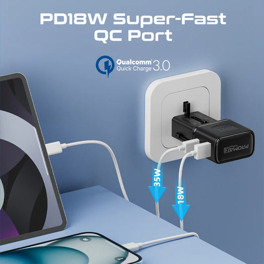 Promate TriPlug-PD35 | 35W Multi-Port Universal Travel Adapter with PD & QC Fast Charging – US/UK/EU/AU Compatible