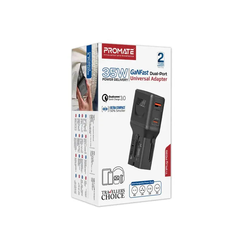 Promate TriPlug-PD35 | 35W Multi-Port Universal Travel Adapter with PD & QC Fast Charging – US/UK/EU/AU Compatible The Wonders Mart Trading™