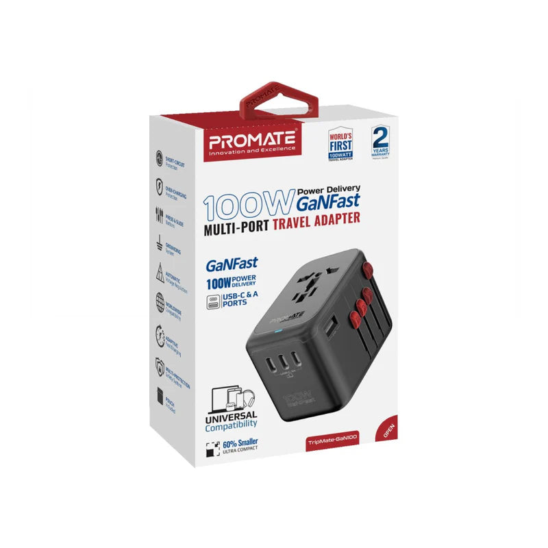 Promate TripMate-GaN100 | 100W GaNFast™ Universal Travel Adapter with 4 USB-C PD, USB-A QC, and AC Socket – Slide-Out Plug – Auto-Resetting Fuse – Worldwide Compatibility