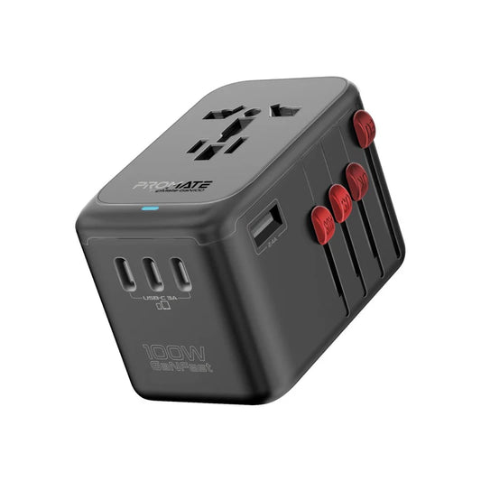 Promate TripMate-GaN100 | 100W GaNFast™ Universal Travel Adapter with 4 USB-C PD, USB-A QC, and AC Socket – Slide-Out Plug – Auto-Resetting Fuse – Worldwide Compatibility