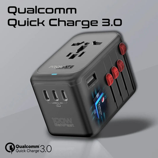 Promate TripMate-GaN100 | 100W GaNFast™ Universal Travel Adapter with 4 USB-C PD, USB-A QC, and AC Socket – Slide-Out Plug – Auto-Resetting Fuse – Worldwide Compatibility