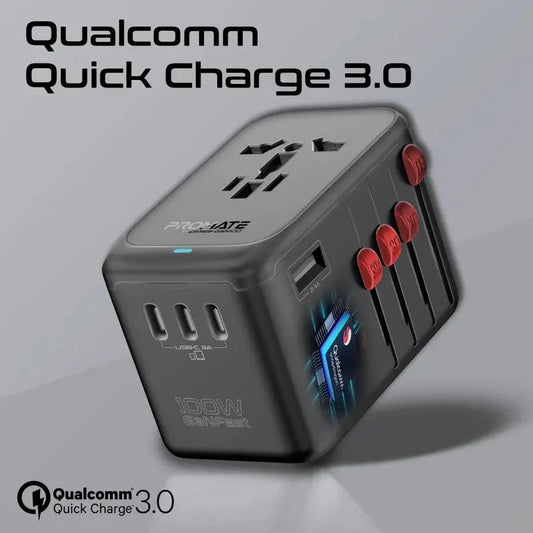 Promate TripMate-GaN100 | 100W GaNFast™ Universal Travel Adapter with 4 USB-C PD, USB-A QC, and AC Socket – Slide-Out Plug – Auto-Resetting Fuse – Worldwide Compatibility The Wonders Mart Trading™