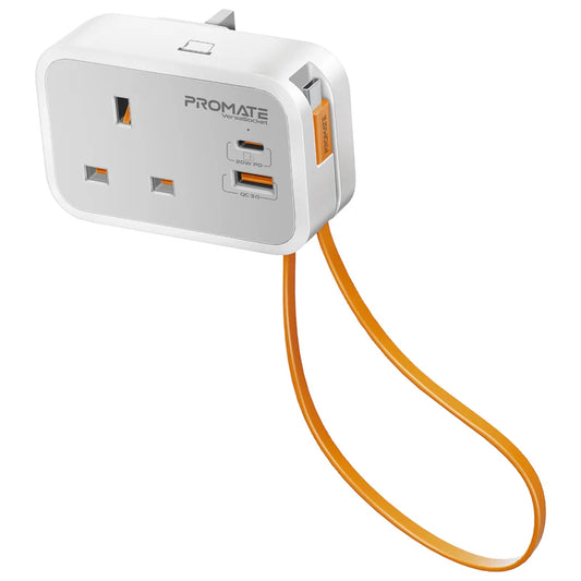 Promate VersaSocket | Multi-Function AC Power Socket Charger with Built-In 20W USB-C Cable, USB-C PD Port, USB-A QC3.0 – 3250W Output, 13A Fuse – Smart Charging with Safety Protection