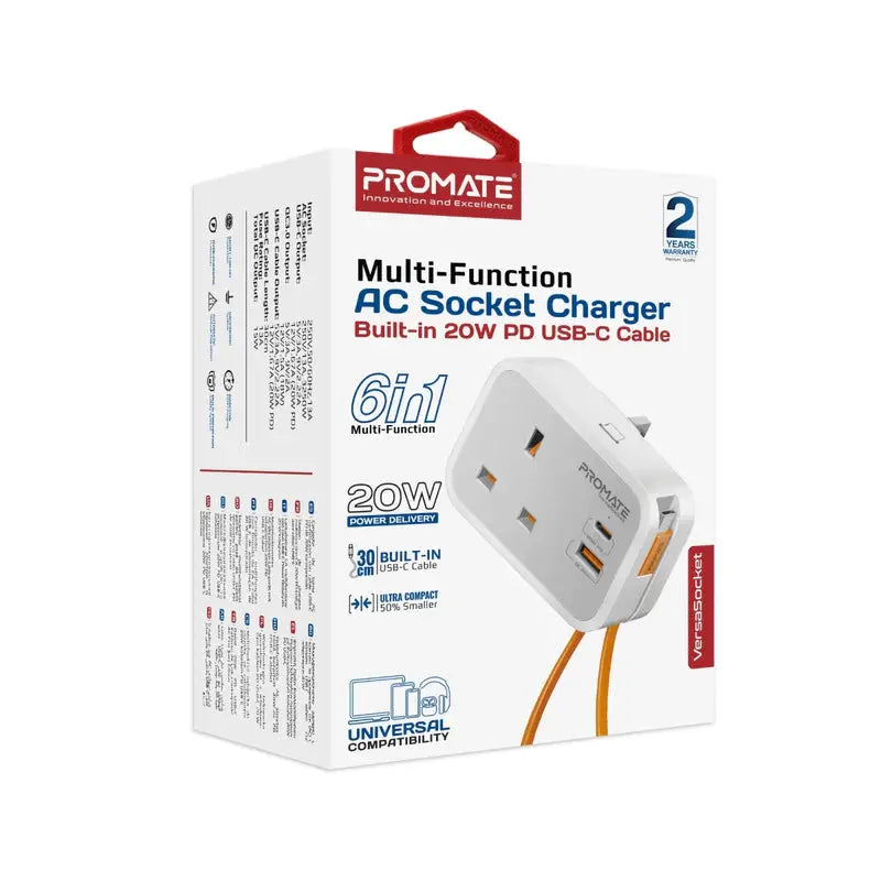 Promate VersaSocket | Multi-Function AC Power Socket Charger with Built-In 20W USB-C Cable, USB-C PD Port, USB-A QC3.0 – 3250W Output, 13A Fuse – Smart Charging with Safety Protection The Wonders Mart Trading™