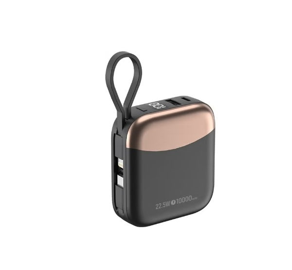 DENX 10000mAh Mini Power Bank – Ultra-Compact Design, 22.5W Fast Charging, Built-in Lightning & Type-C Cables, Dual Output Ports, Digital LED Display
