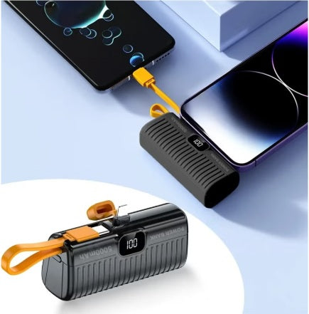 DENX 5000mAh Portable Power Bank – Dual Fast Charging Outputs, 22.5W High-Speed Charging, Built-in Cables, LED Display, Compact Size