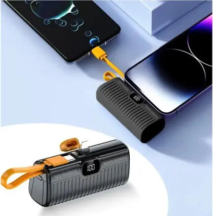 DENX 5000mAh Portable Power Bank – Dual Fast Charging Outputs, 22.5W High-Speed Charging, Built-in Cables, LED Display, Compact Size The Wonders Mart Trading™