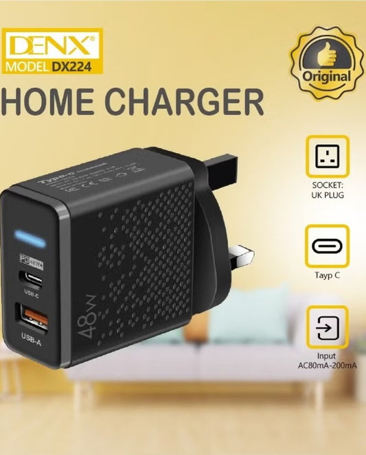 DENX 48W Fast Home Charger – UK Plug, Dual Port USB+PD, QC 3.0, Universal Voltage Support