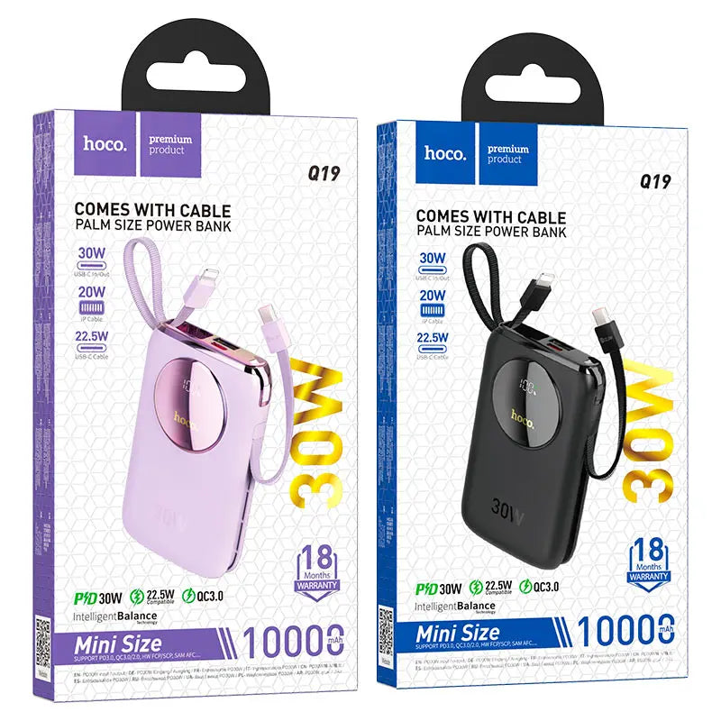 HOCO Q19 Lucky 10000mAh Power Bank – 30W Fast Charging with Built-In Lightning & Type-C Cables, USB-A & Type-C Output, LED Display The Wonders Mart Trading™