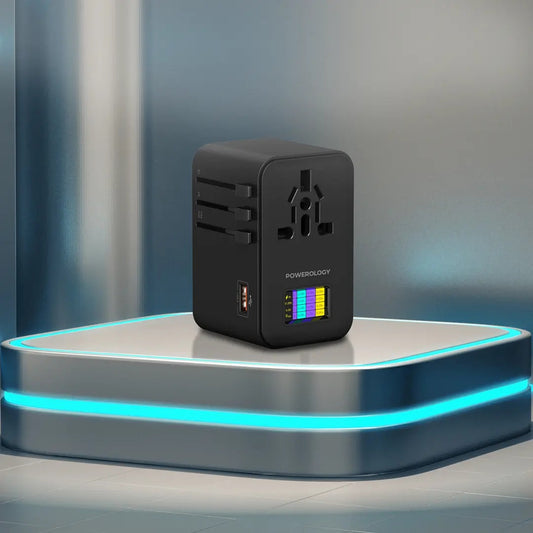 Powerology 75W GaN Universal Charger with Real-Time Power Display – 4-Port Fast Charging, PD & AC, Global Compatibility, Travel-Ready – Model PWC041