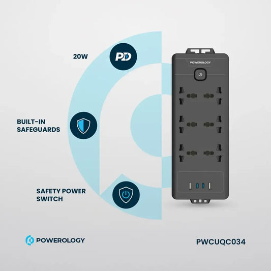 Powerology 2500W Power Strip – 6 Universal AC Sockets, 2 USB-A & 2 USB-C Ports, Built-In Safeguards, 3M Cable, Safety Switch, Fire-Resistant Material – Black